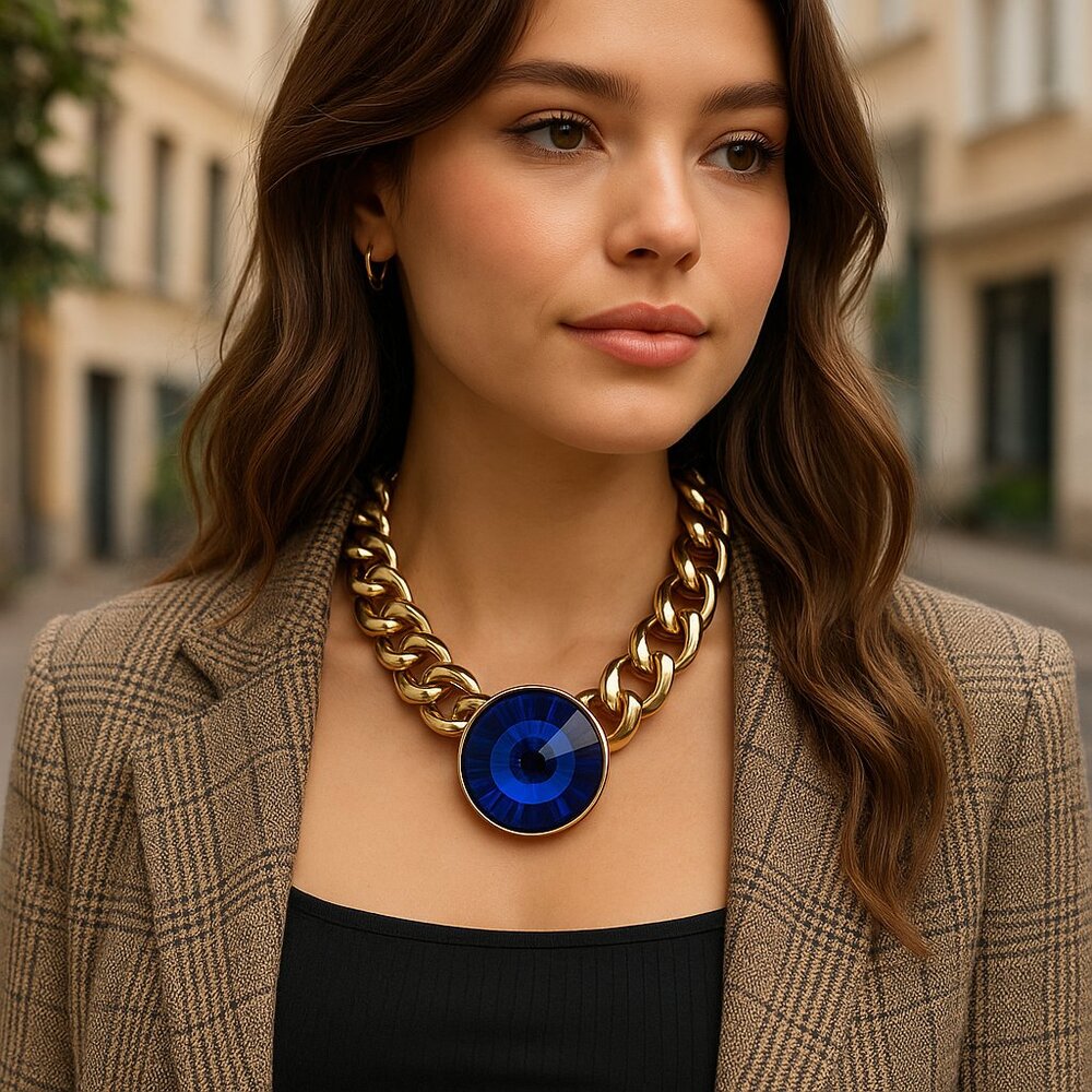 New Women Gold Metal Chain Jewelry Short Necklace Big Blue Bead Charm Sexy Party
